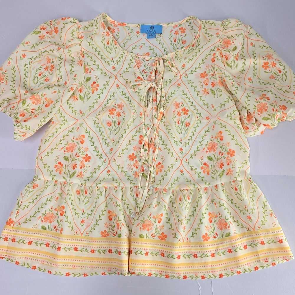 CeCe‎ Floral Print Peplum Tie Neck Blouse Women Size S Short Sleeve